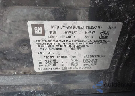 2019 Buick Encore Awd Preferred z USA, uszkodzony, nr VIN KL4CJESB5KB915904